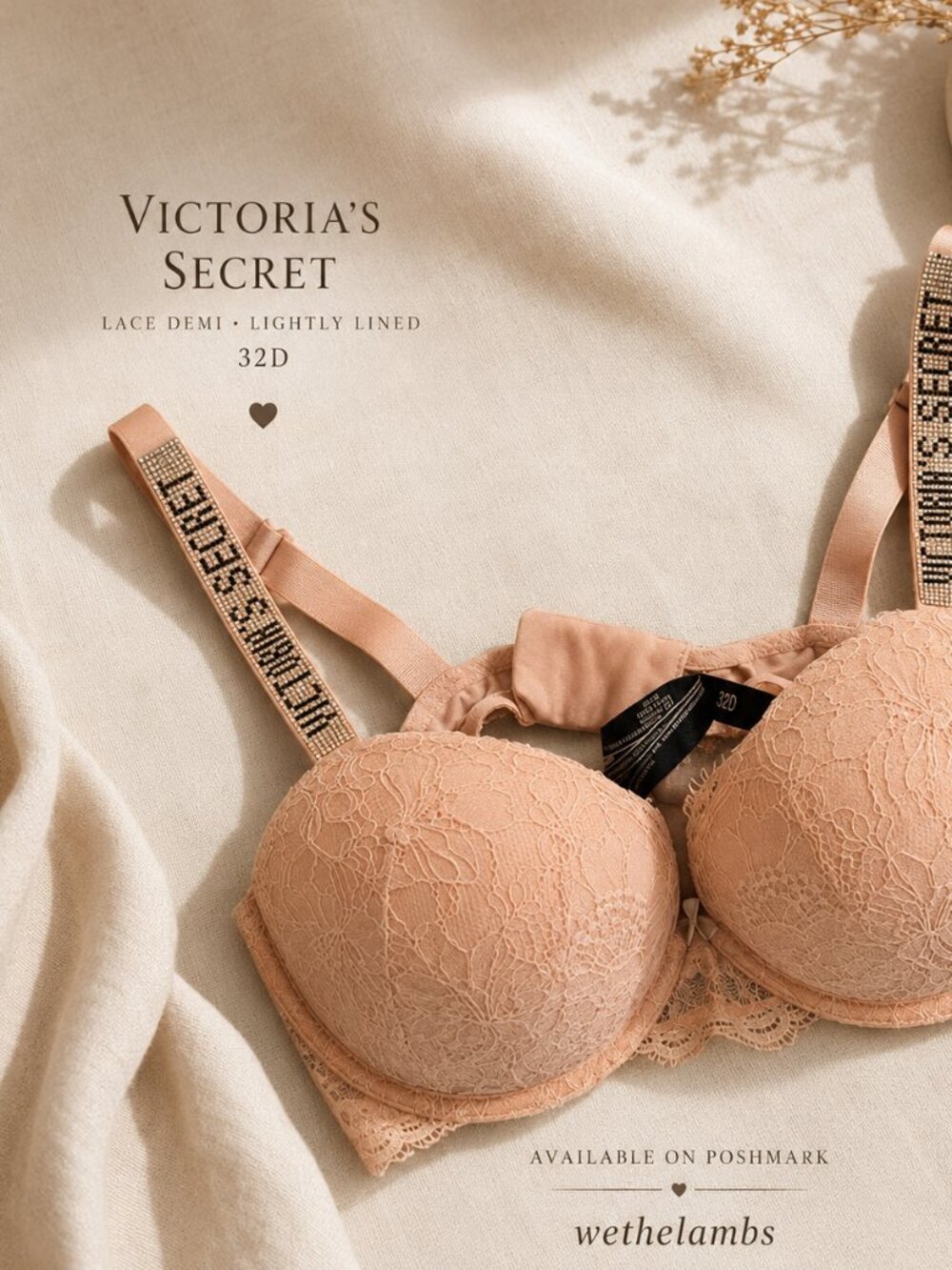 Victoria’s Secret Pink Lace Push Up Bra 38B Rhinestone Logo Strap Y2K Glam